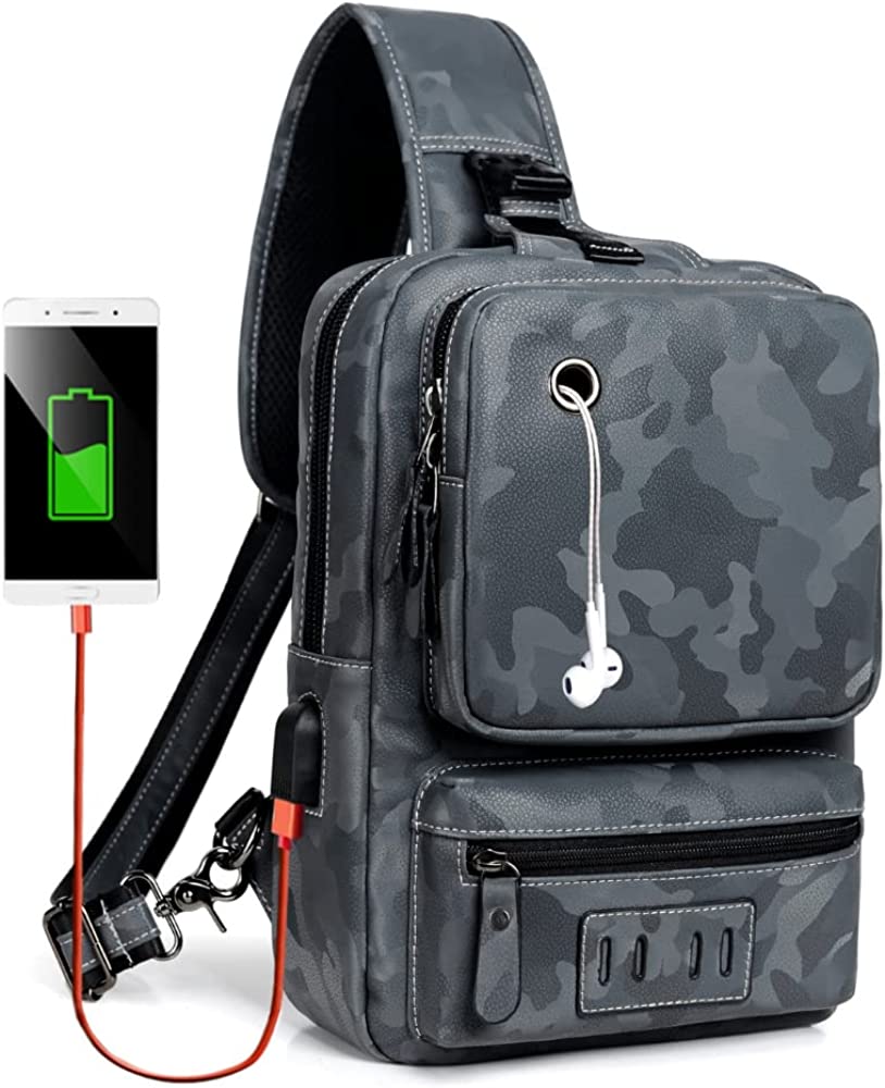 Small Black Sling Crossbody Backpack Shoulder Bag for Men Women Vintage PU Leather Sling Backpack Cycling USB Charger - Image 3